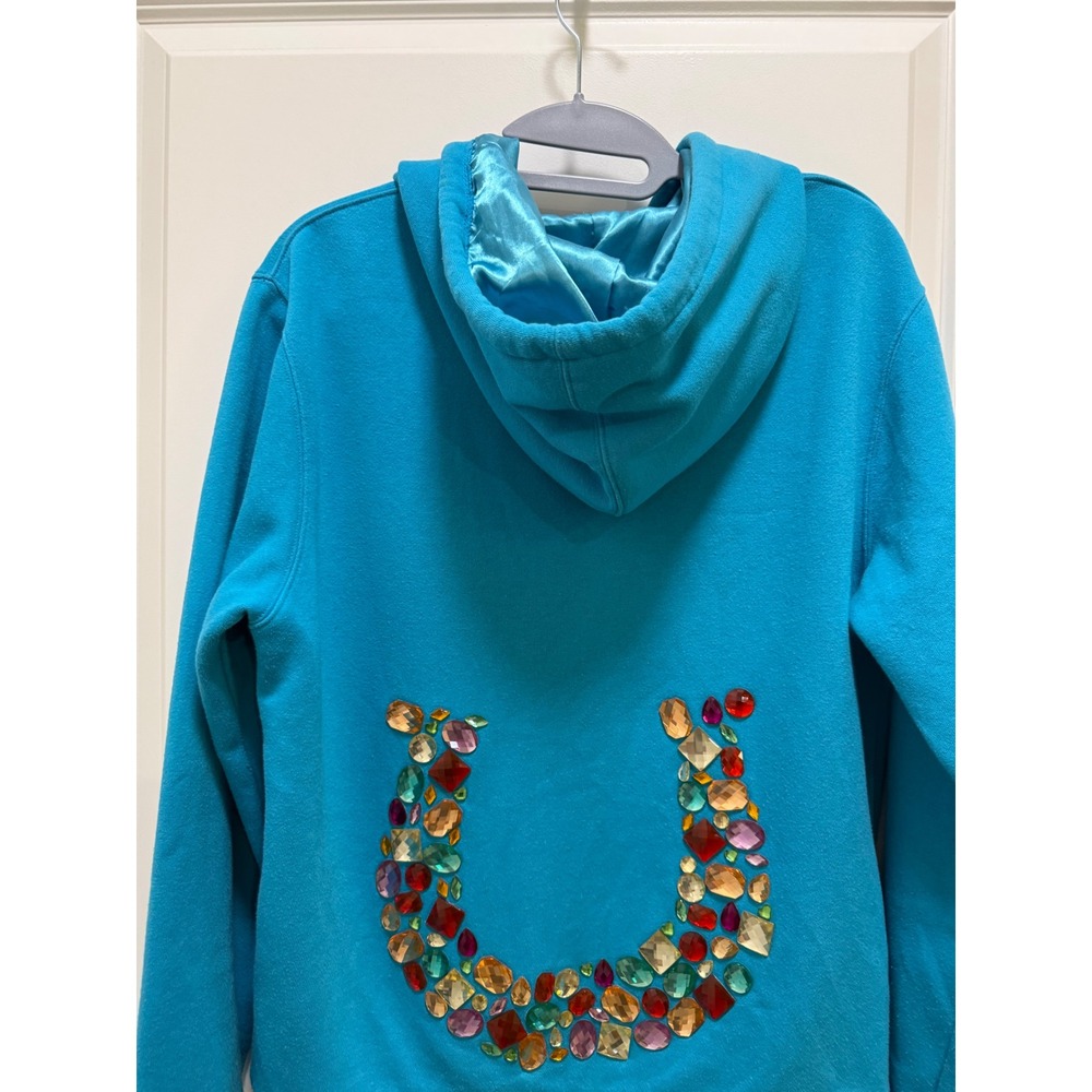 Cowgirl Hardware Turquoise Rhinestone Horseshoe Satin Lined Zip Hoodie Medium - Picture 6 of 9